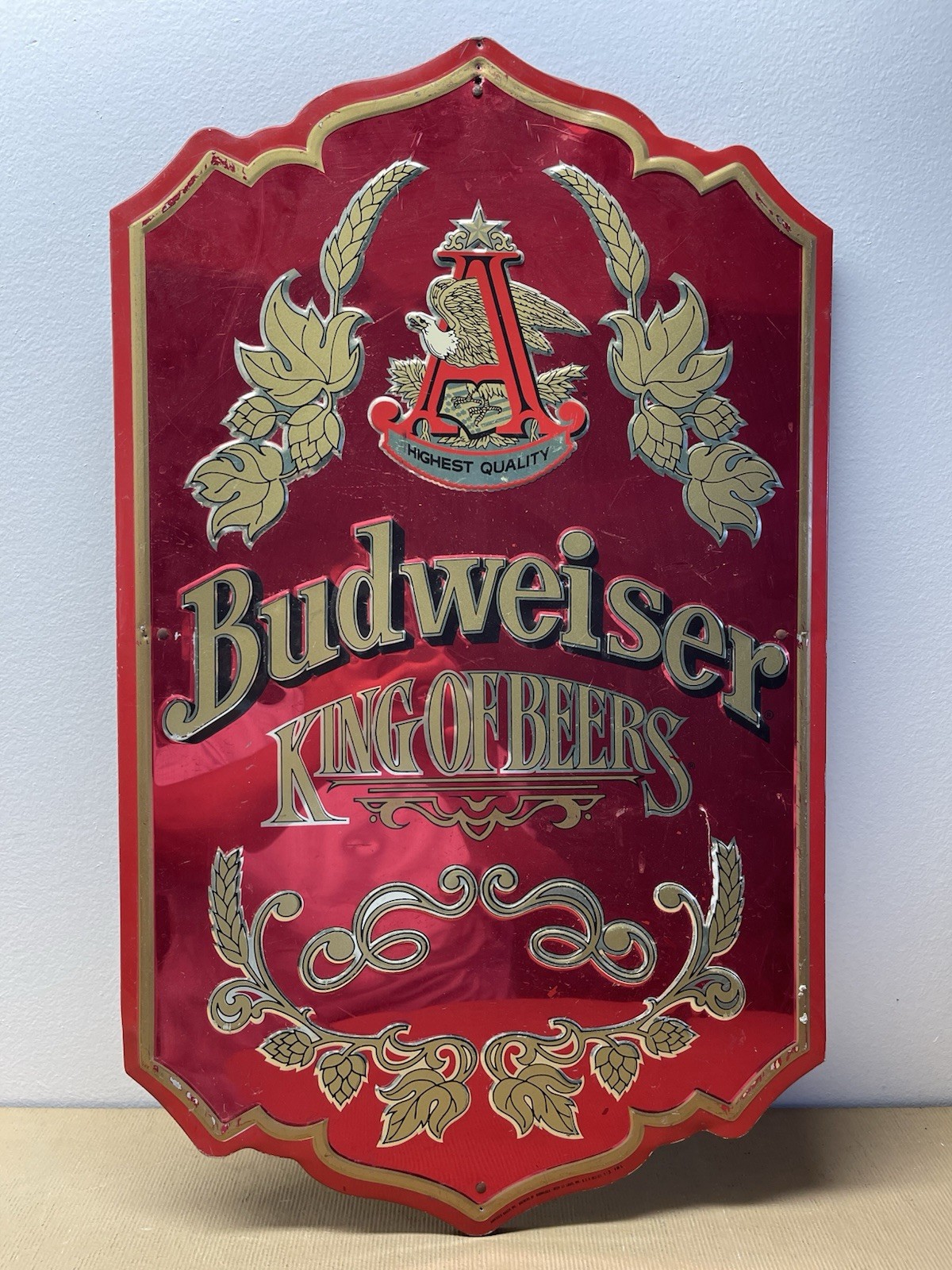 Vtg Budweiser King Of Beers Red & Gold Embossed Metal Man Cave Sign 1970’s