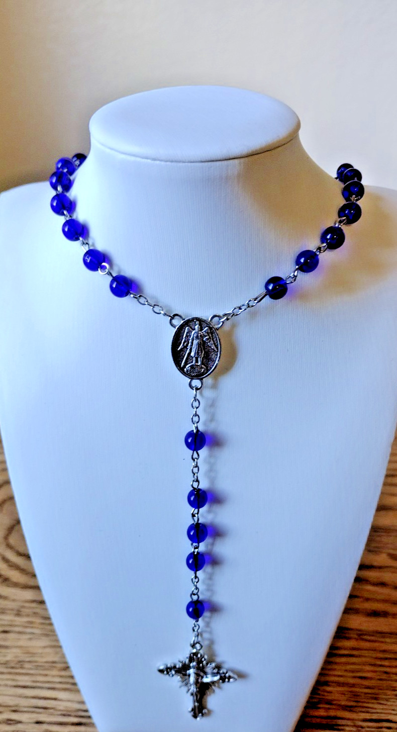Vintage Cobalt Blue Glass Bead Rosary with Silver Crucifix & St. Michael Medal Vintage Cobalt Blue Glass Bead Rosary with Silver Crucifix & St. Michael Medal