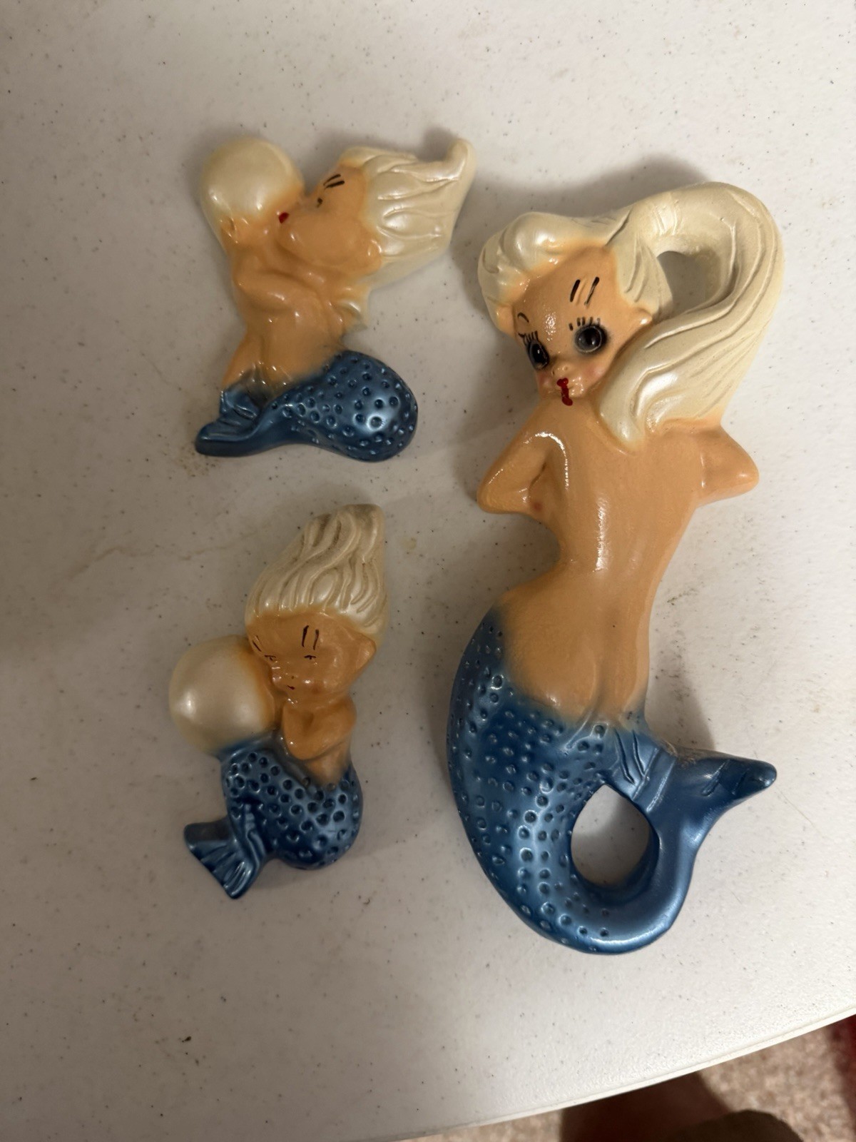 1950s 60s MCM 3 Mermaid Figurines Wall Cherubs Blue Kitschy Pin Ups Bathroom 1950s 60s MCM 3 Mermaid Figurines Wall Cherubs Blue Kitschy Pin Ups Bathroom