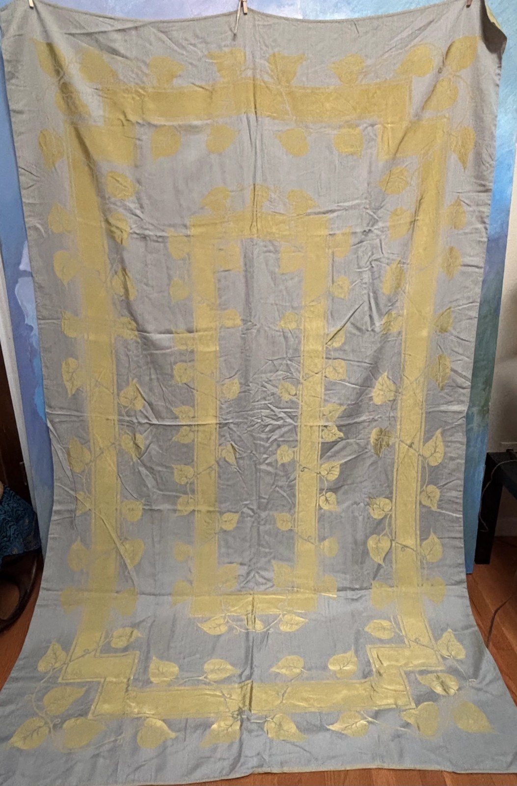 Vintage Gray Gold Jacquard Fabric Panel Botanical Geometric 59 x 96 Woven