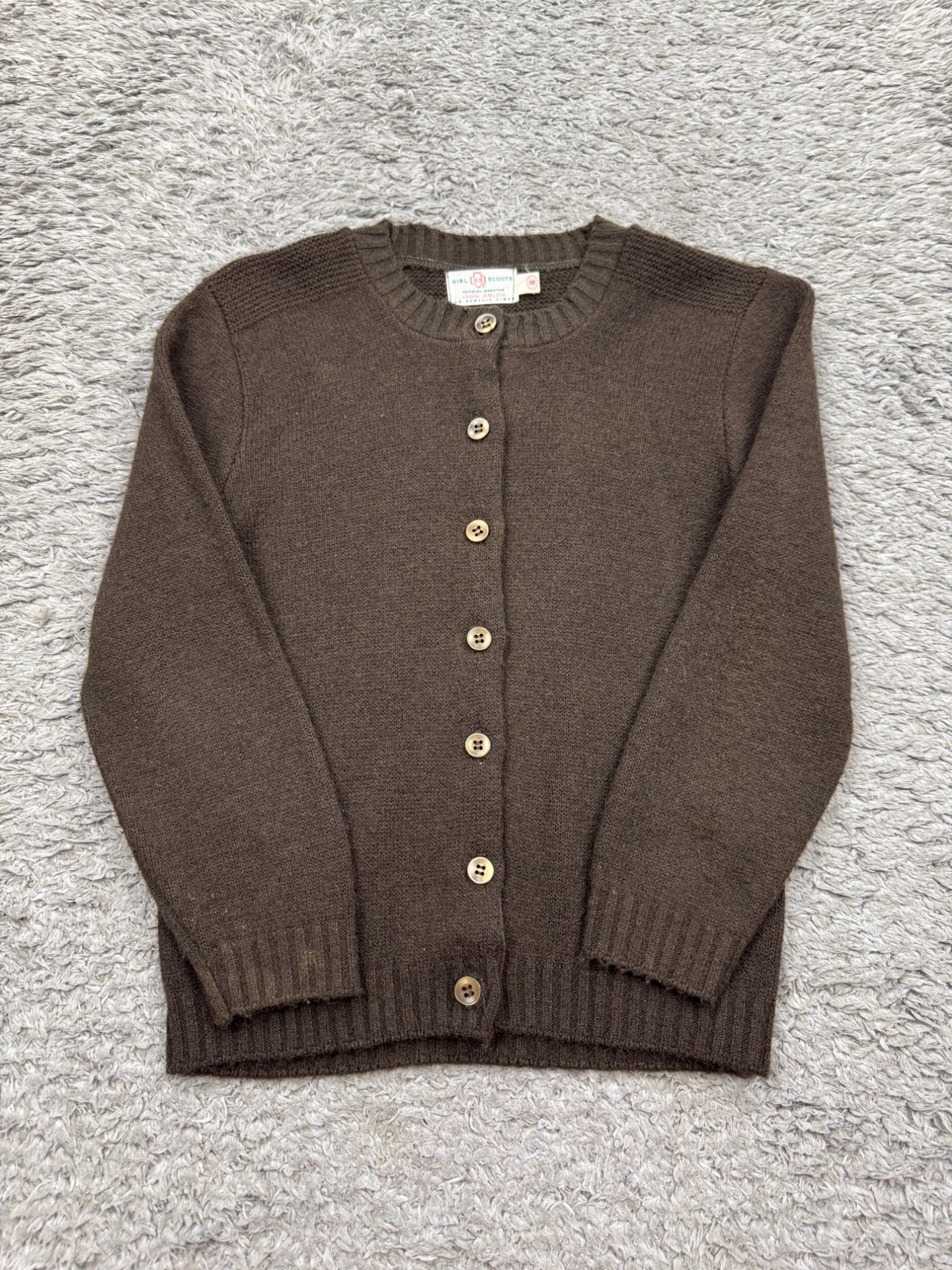 Vtg Girl Scouts Cardigan Youth 8 Chocolate Brown Knit Office Sweater 50s 60s USA