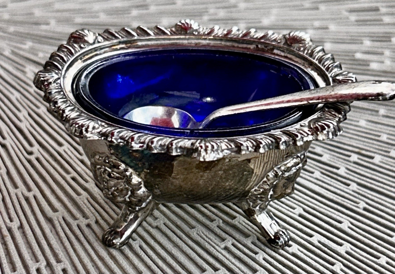 Antique Footed Open Salt Cellar Spoon Cobalt Blue Glass Silver Plate Lions head Antique Footed Open Salt Cellar Spoon Cobalt Blue Glass Silver Plate Lions head