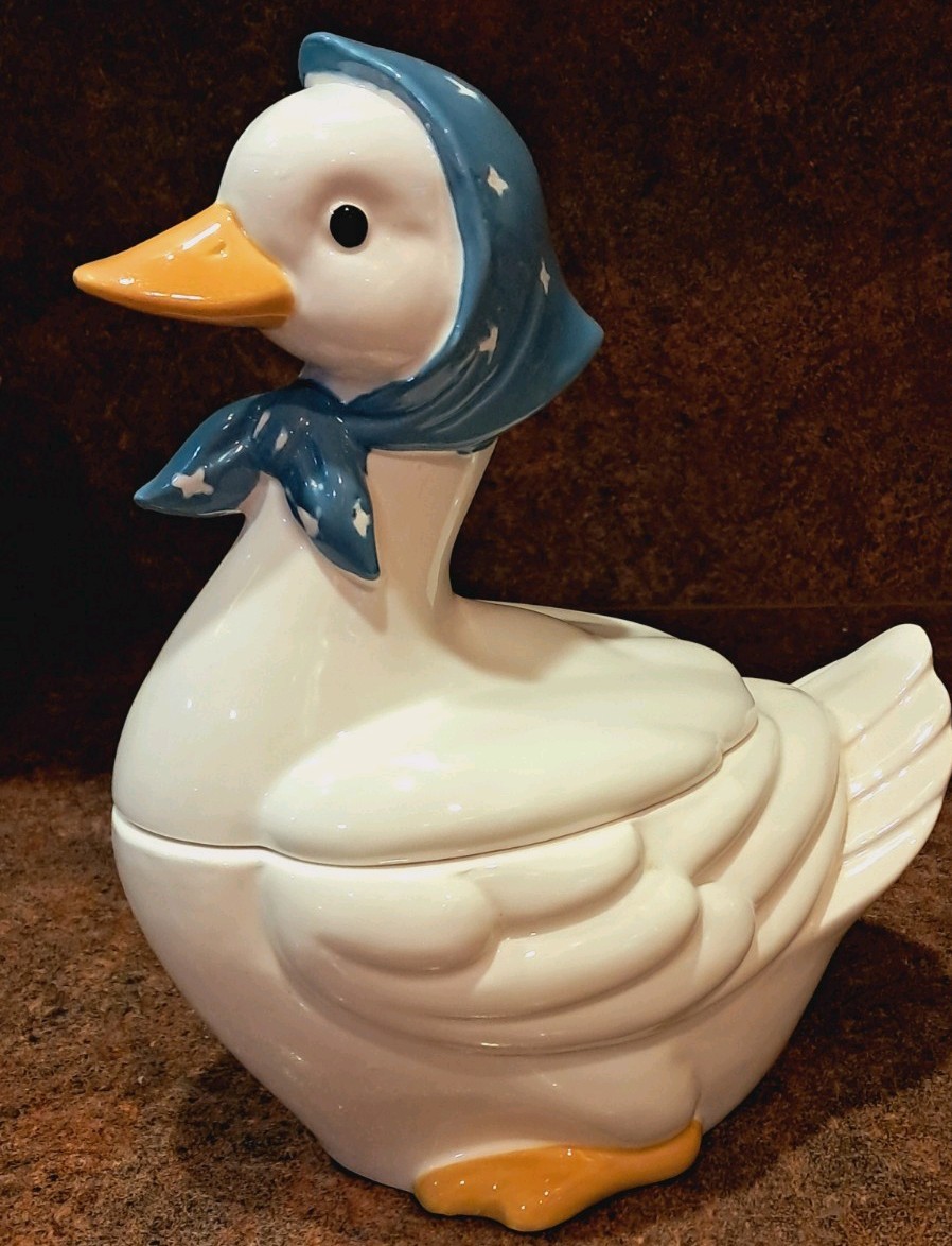 Vintage Grandmacore Ceramic Goose Cookie Jar Blue Bonnet Kitchen Decor 8x10”