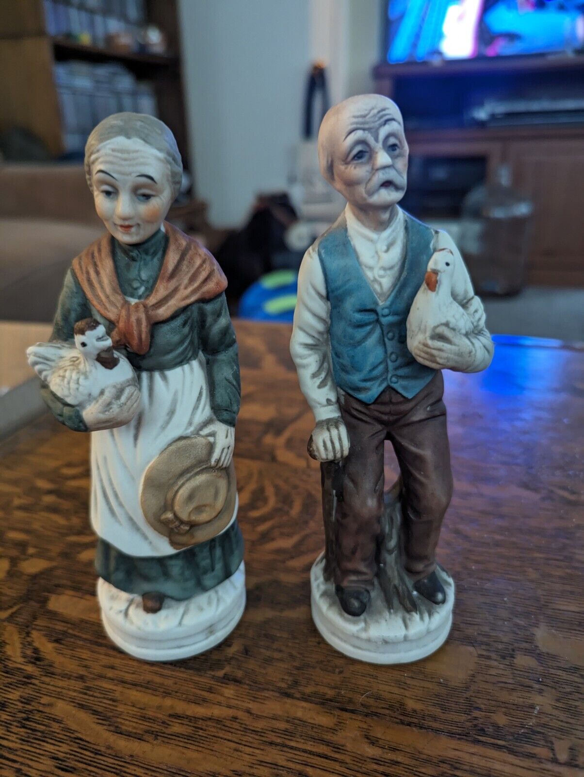 Vintage Bisque Porcelain Old Man And Woman With. Chickens