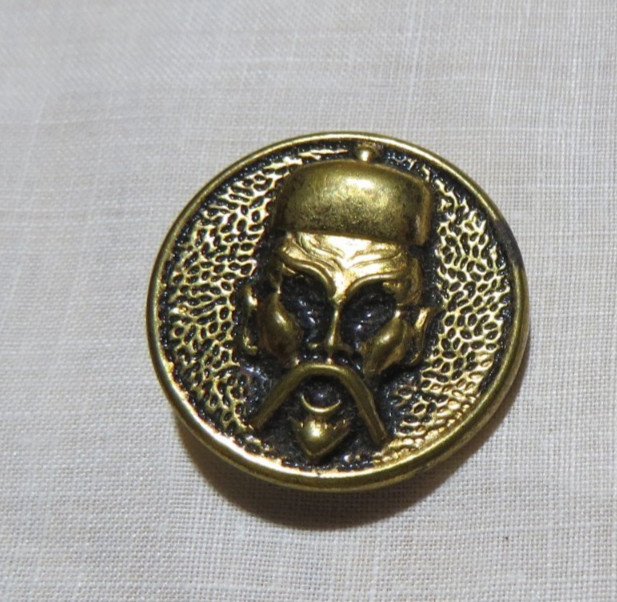 Vintage Antique Brass Metal Picture Button Asian Man Face Fu Manchu Mustache