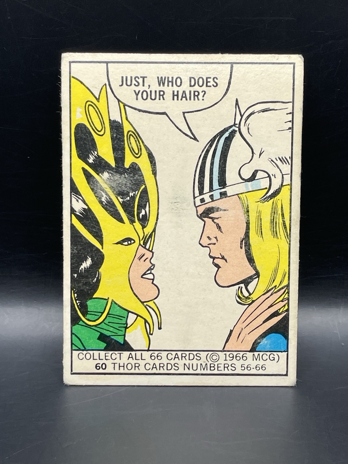 MCG 1966 Donruss Marvel Super Heroes #60 Thor “Just, Who Does Your Hair?” Card MCG 1966 Donruss Marvel Super Heroes #60 Thor “Just, Who Does Your Hair?” Card