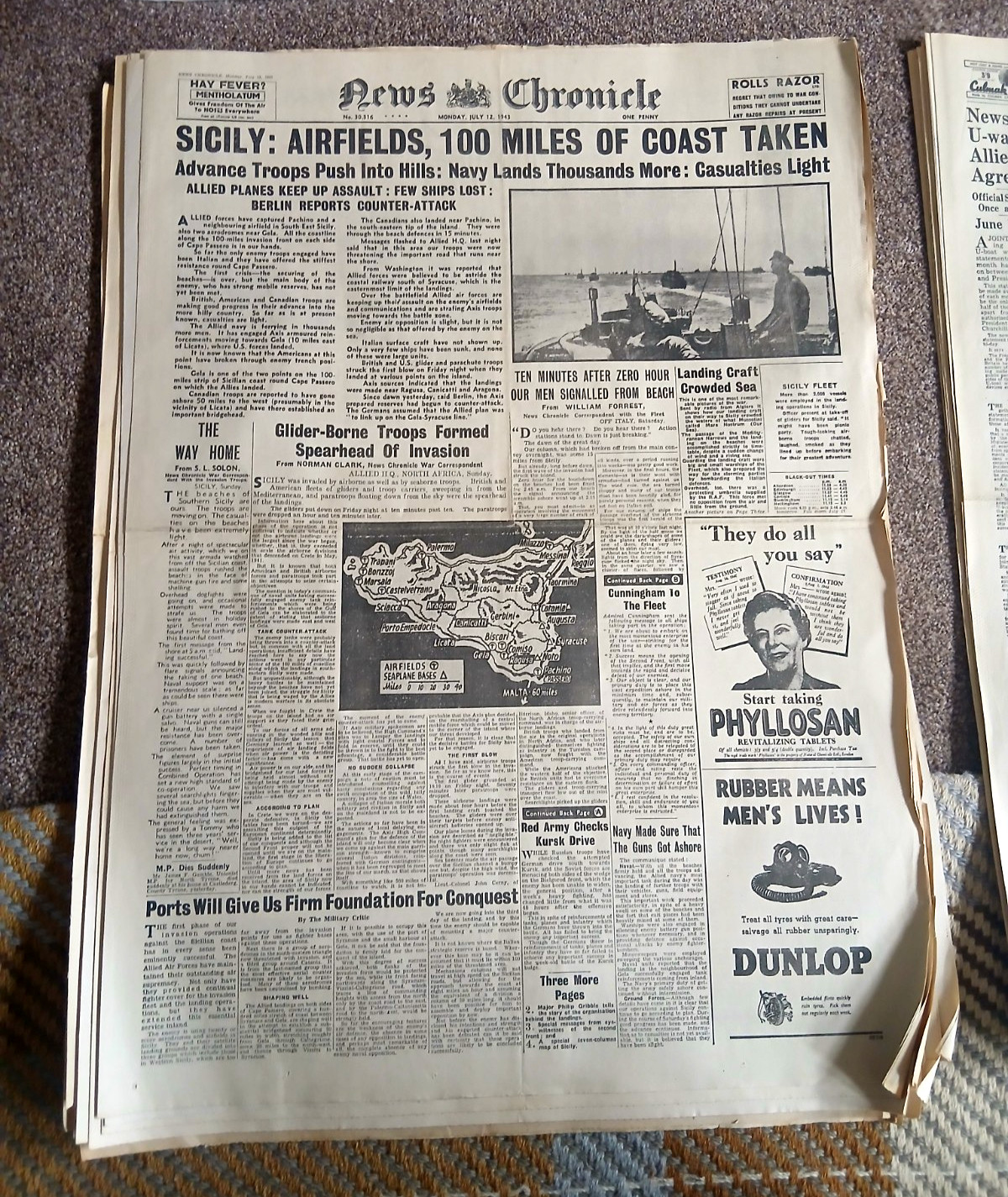 NEWS CHRONICLE Monday 12 July 1943 Sicily landing WW2 world war 2 newspaper