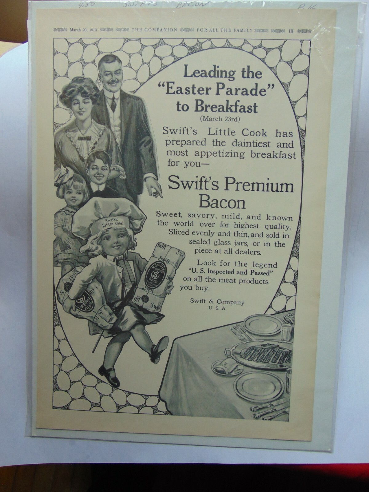 1913 SWIFT'S PREMIUM BACON vintage art print ad 1913 SWIFT'S PREMIUM BACON vintage art print ad