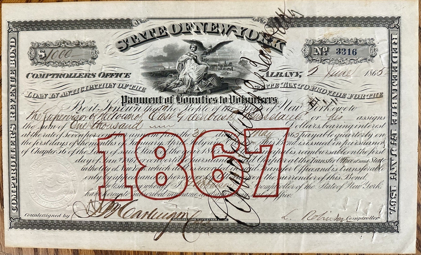 $1000 NY State Bond issued June 1865 to pay Enlistment bounties to Volunteers $1000 NY State Bond issued June 1865 to pay Enlistment bounties to Volunteers