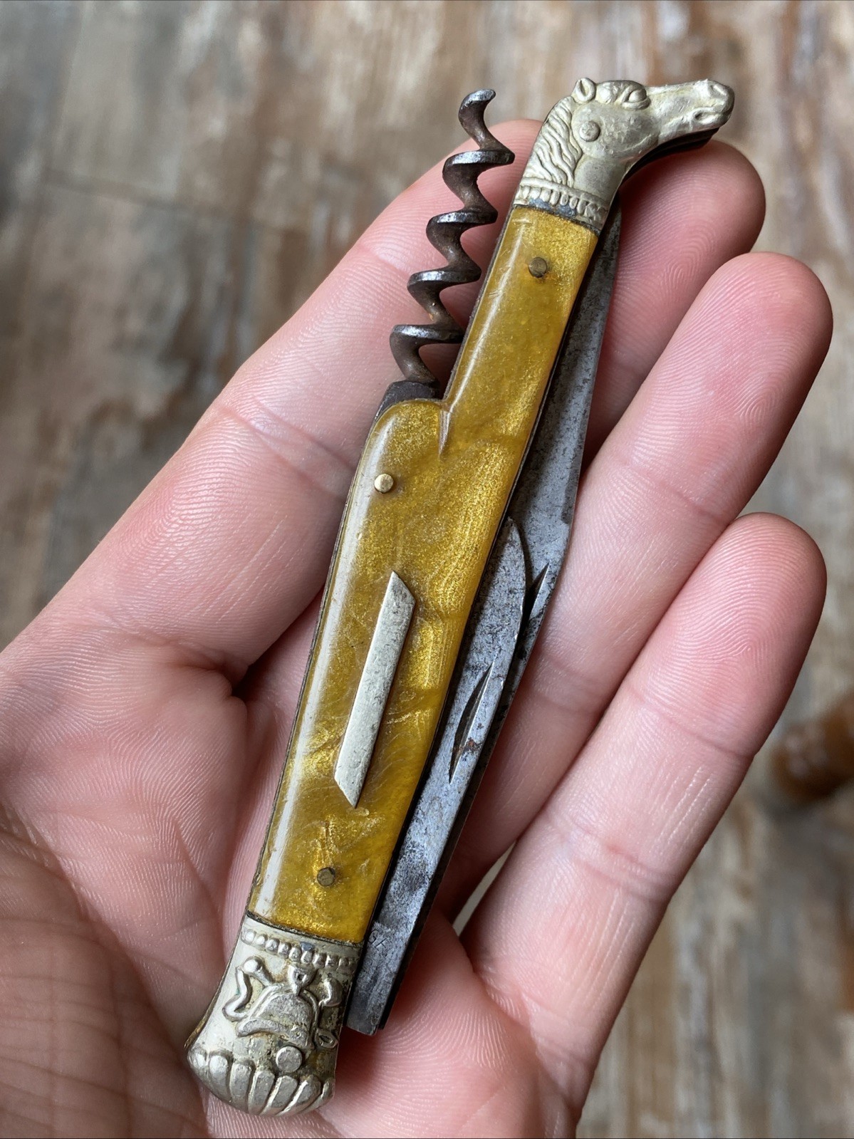 Antique Horse Head Pommel Saddle w/ Corkscrew Solingen Germany Knife Celluloid