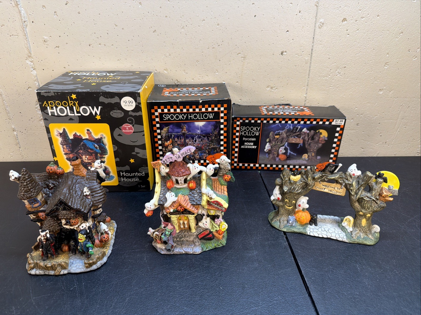 3pc set 1999 SPOOKY HOLLOW LIGHTED PORCELAIN HALLOWEEN HOUSES FUNERAL PARLOR
