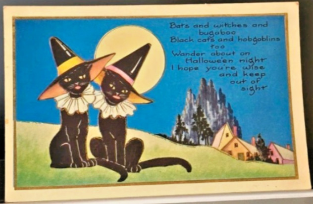 Halloween Black Cats Witch Hats Greeting Postcard Whitney Made Worcester Mass
