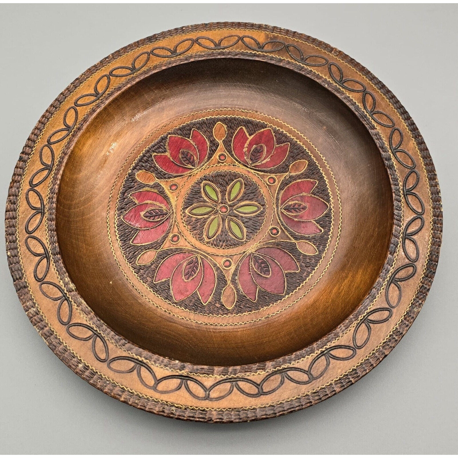 Spoldzielnia Rzemieslnicza Vintage Polish Carved Floral Wooden Folk Plate 9\