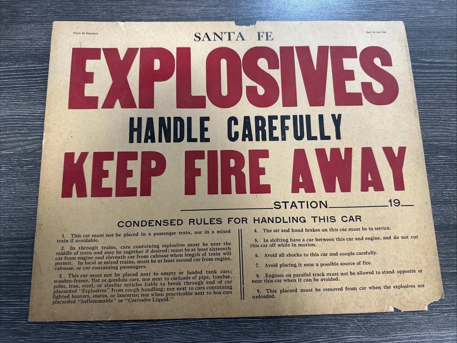 Vintage SANTA FE RAILROAD - EXPLOSIVES RR Car warning cardstock sign Form 45