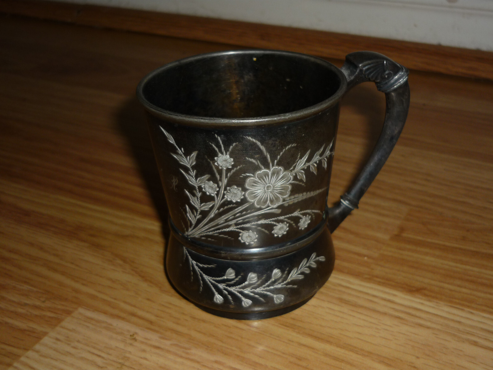 Vintage Antique Britannia Metal Pewter Etched Cup, Floral Pattern, Handle