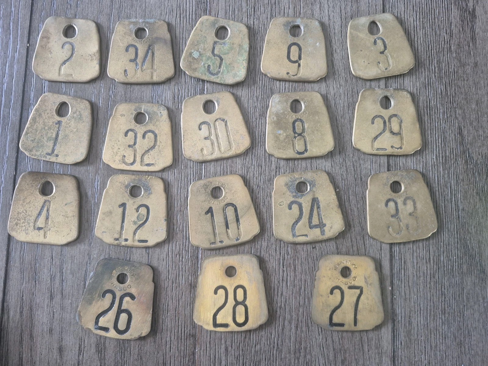 18 Vintage SOLID BRASS Cow DAIRY TAG Number Hasco Newport KY Double Sided Cattle