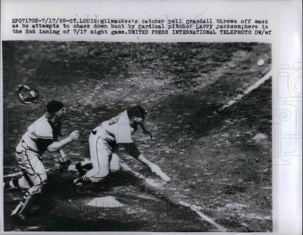 1959 Press Photo Dell Carndall, Milwaukee Braves, Larry Jackson, Cardinals 1959 Press Photo Dell Carndall, Milwaukee Braves, Larry Jackson, Cardinals
