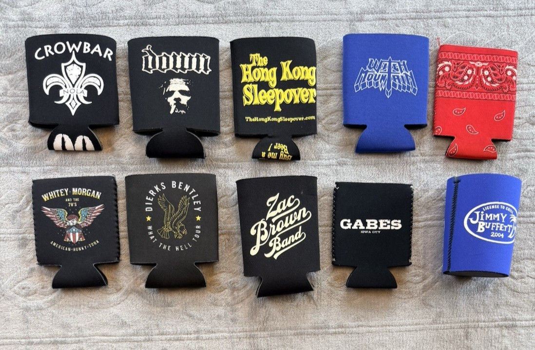 Lot 10 Beer Bar Can Coolers Koozies Jimmy Buffett Crowbar Down Whitey Morgan