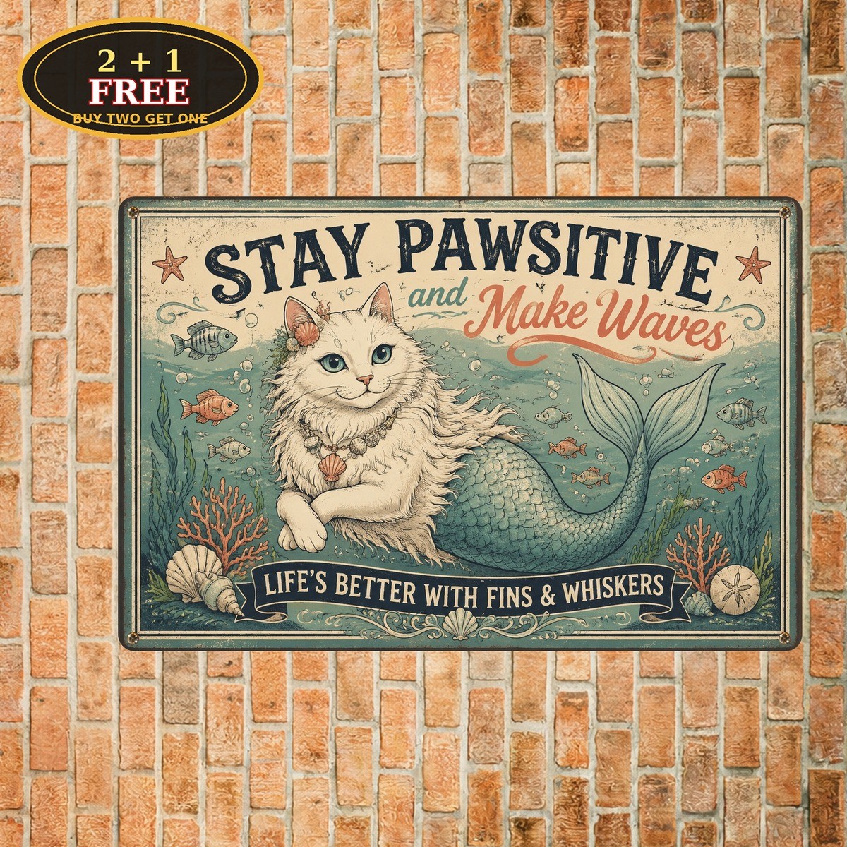 Retro Ocean Purrmaid Mermaid Cat Sea Fish Monster Poster Metal Tin Sign 8x12