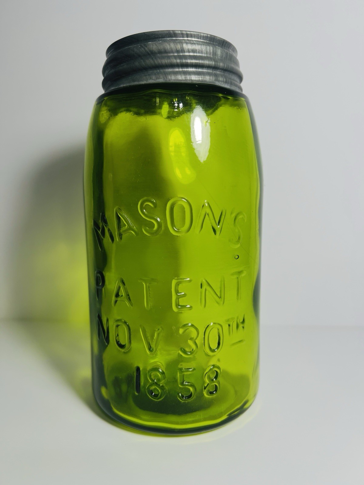 Awesome Apple Green MASON\'S PATENT NOV. 30TH 1858 Quart Canning Jar - 7 Repro