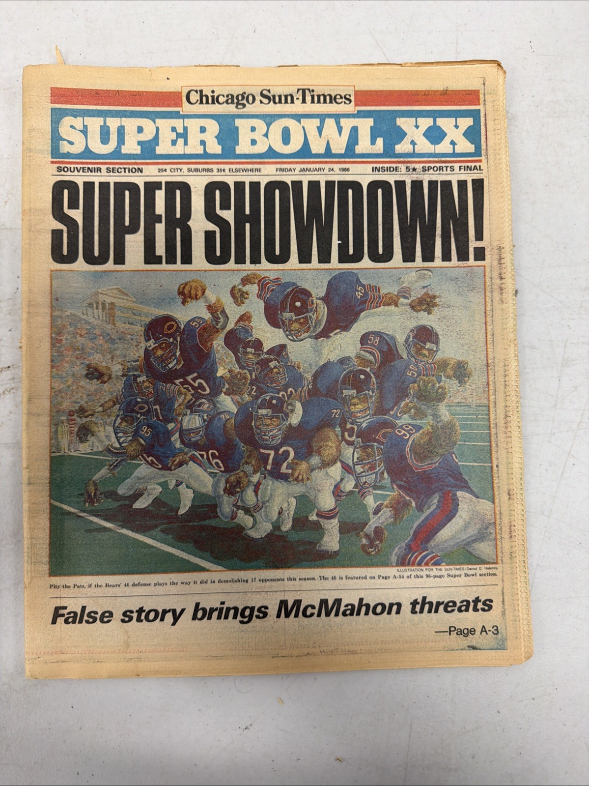 1986 Chicago Sun-Times January 24, 1986 Super Showdown 1985 Bears Super Bowl XX 1986 Chicago Sun-Times January 24, 1986 Super Showdown 1985 Bears Super Bowl XX