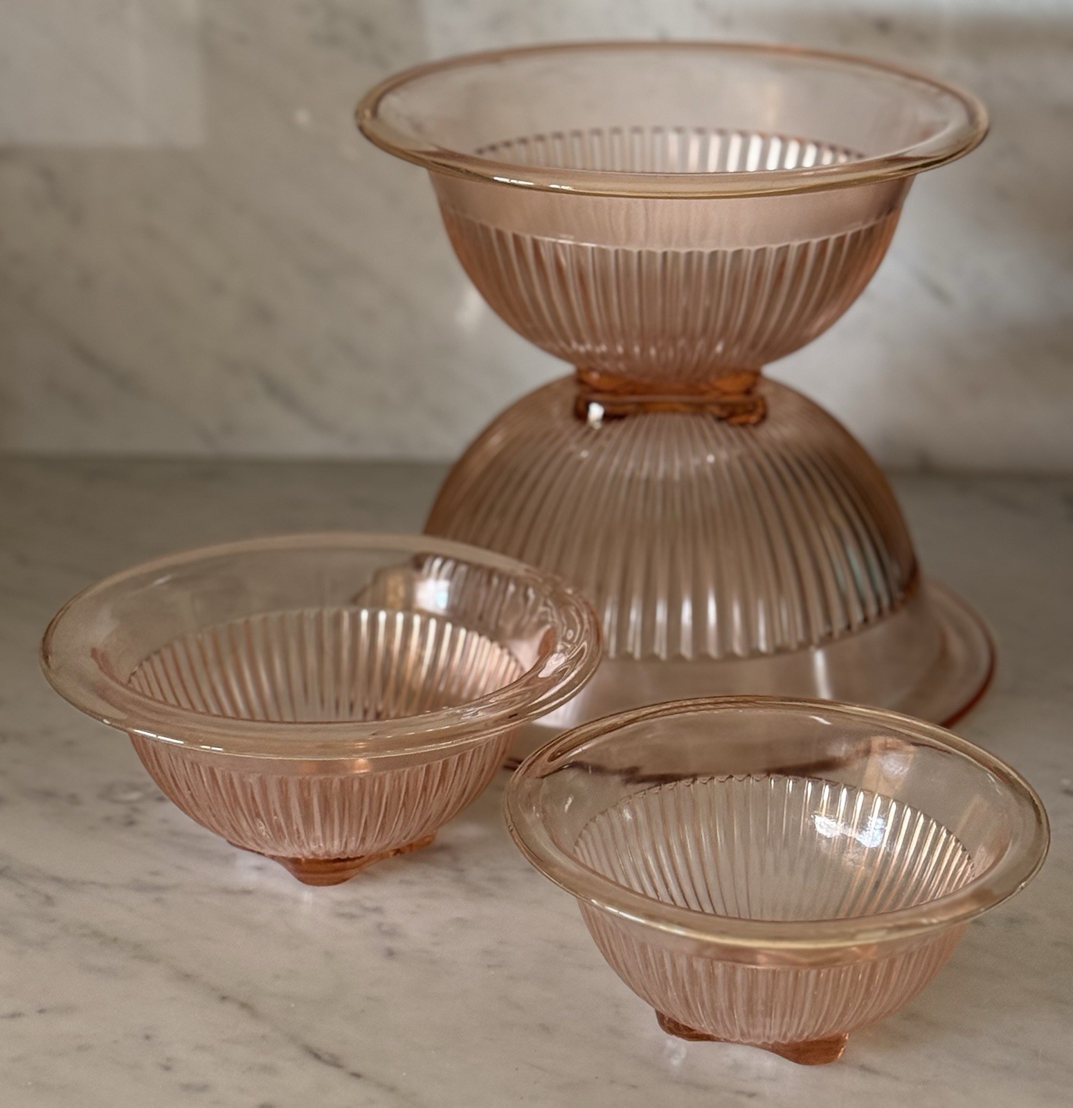 Vintage 1940s Federal Glass Vertical Ribbed Pink Depression Mixing Bowl Set of 4