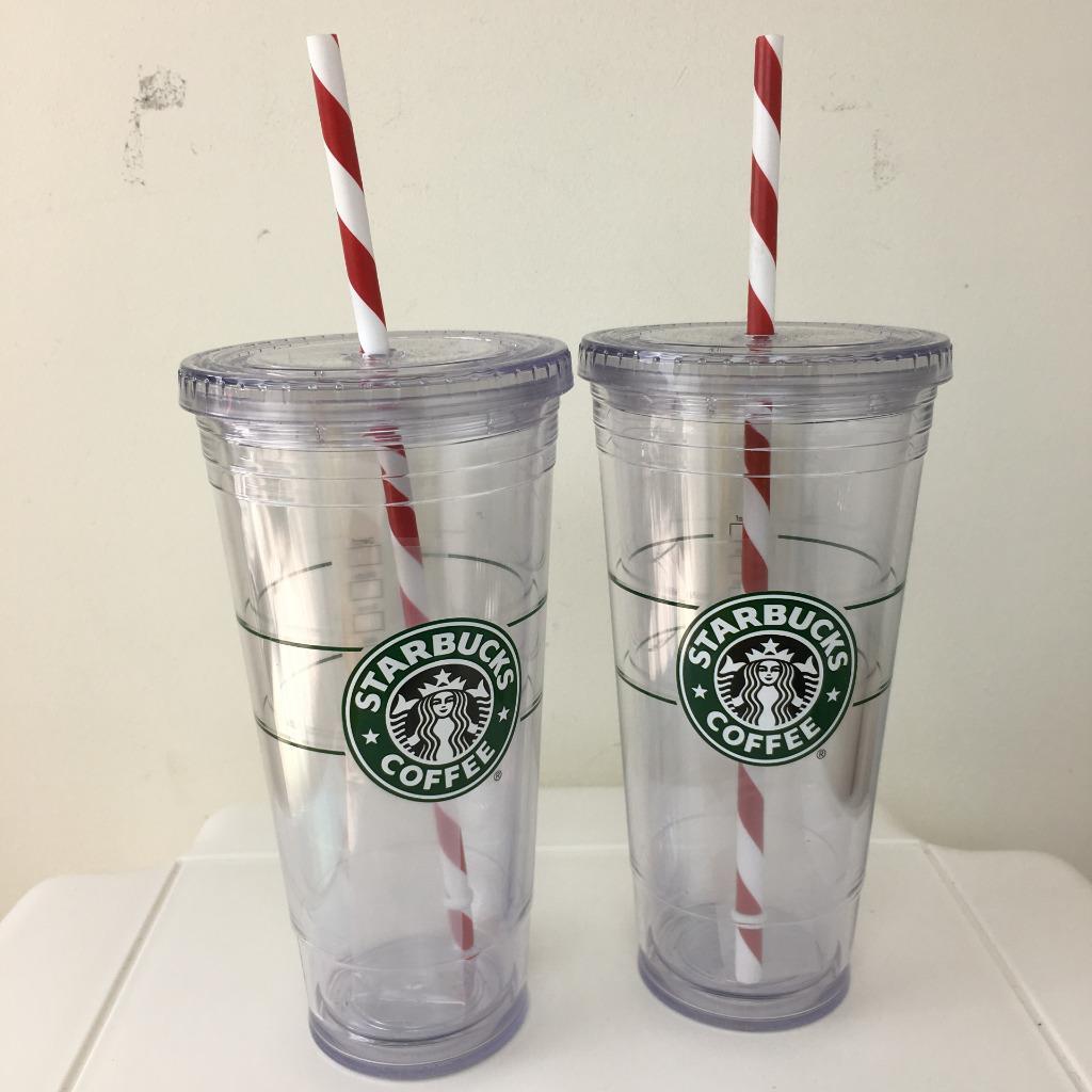 NEW 2 Starbucks 2009 Clear Tumbler 20 oz Venti Cups Candy Cane Straw Plastic