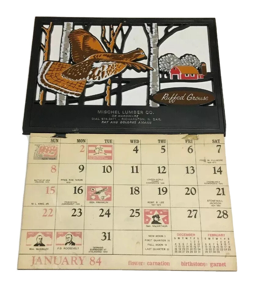 Vtg Mischel Lumber Calendar Advertising Richardton North Dakota Ruffed Grouse ND