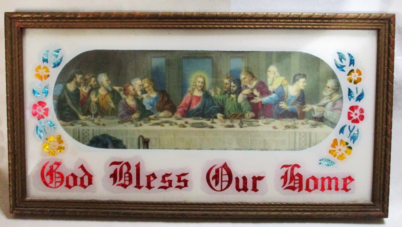 VINTAGE ART DECO GOD BLESS OUR HOME FOIL ART FRAMED PICTURE THE LAST SUPPER