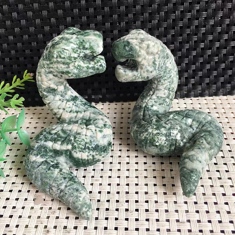194g 2pcs Moss Agate Stone Snake Carving Quartz Crystal Collection Healing