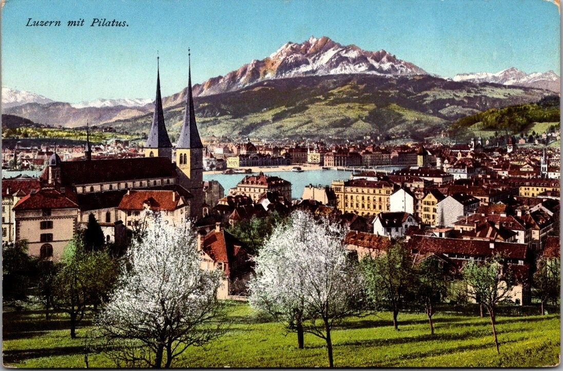 Lucerne Switzerland Mt Pilatus City View Lake Scenic Antique Postcard