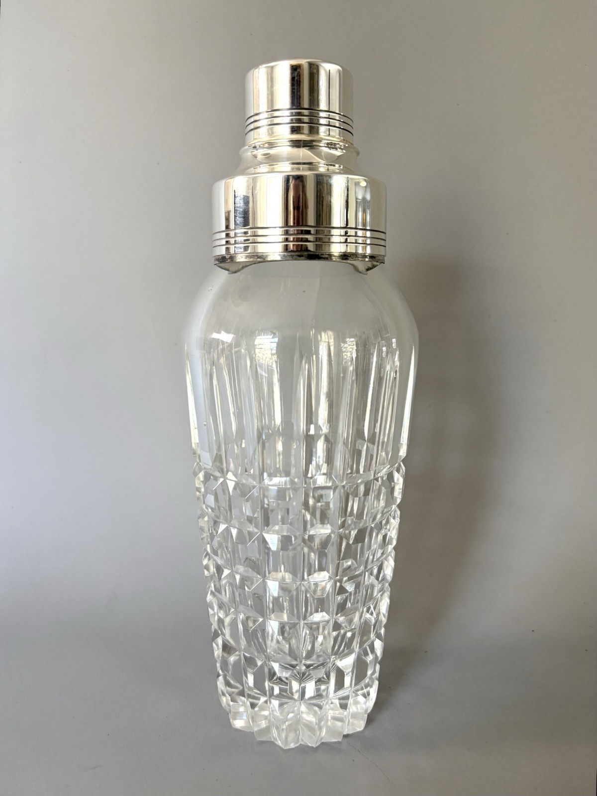 Art Deco Cut Glass and Silver Plated Cocktail Shaker Circa 1930 Art Deco Cut Glass and Silver Plated Cocktail Shaker Circa 1930