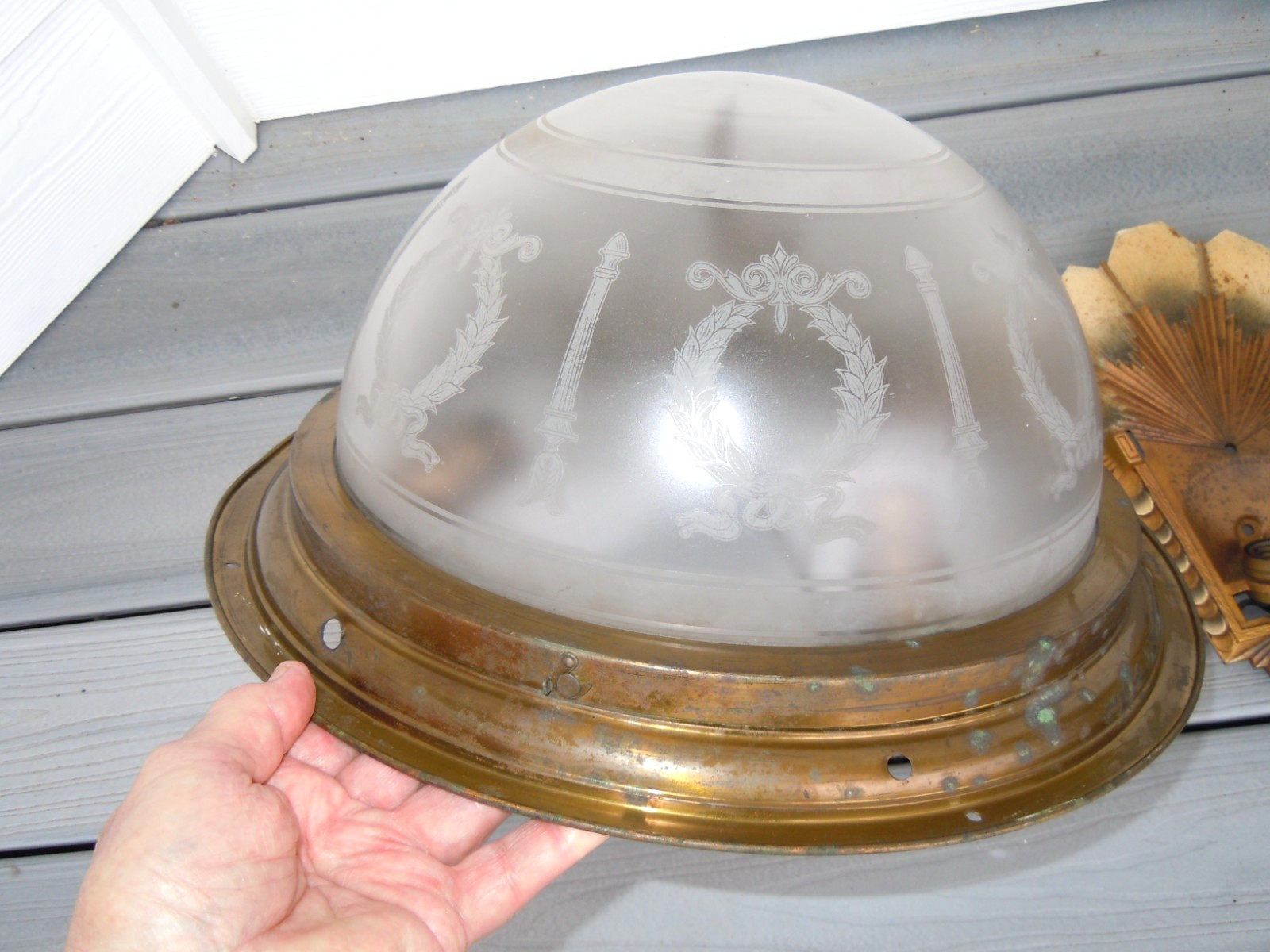VINTAGE / ANTIQUE LARGE FLUSH MOUNT HALF DOME FROSTED ETCHED GLASS LIGHT FIXTURE