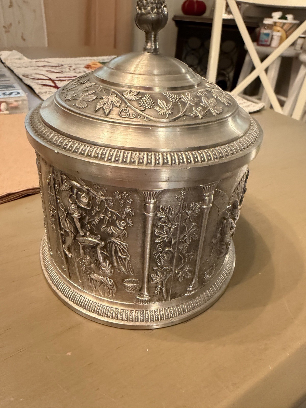 Vintage SKS Zinn 95% Pewter Lidded Canister Grape Harvest West Germany 7” Vintage SKS Zinn 95% Pewter Lidded Canister Grape Harvest West Germany 7”
