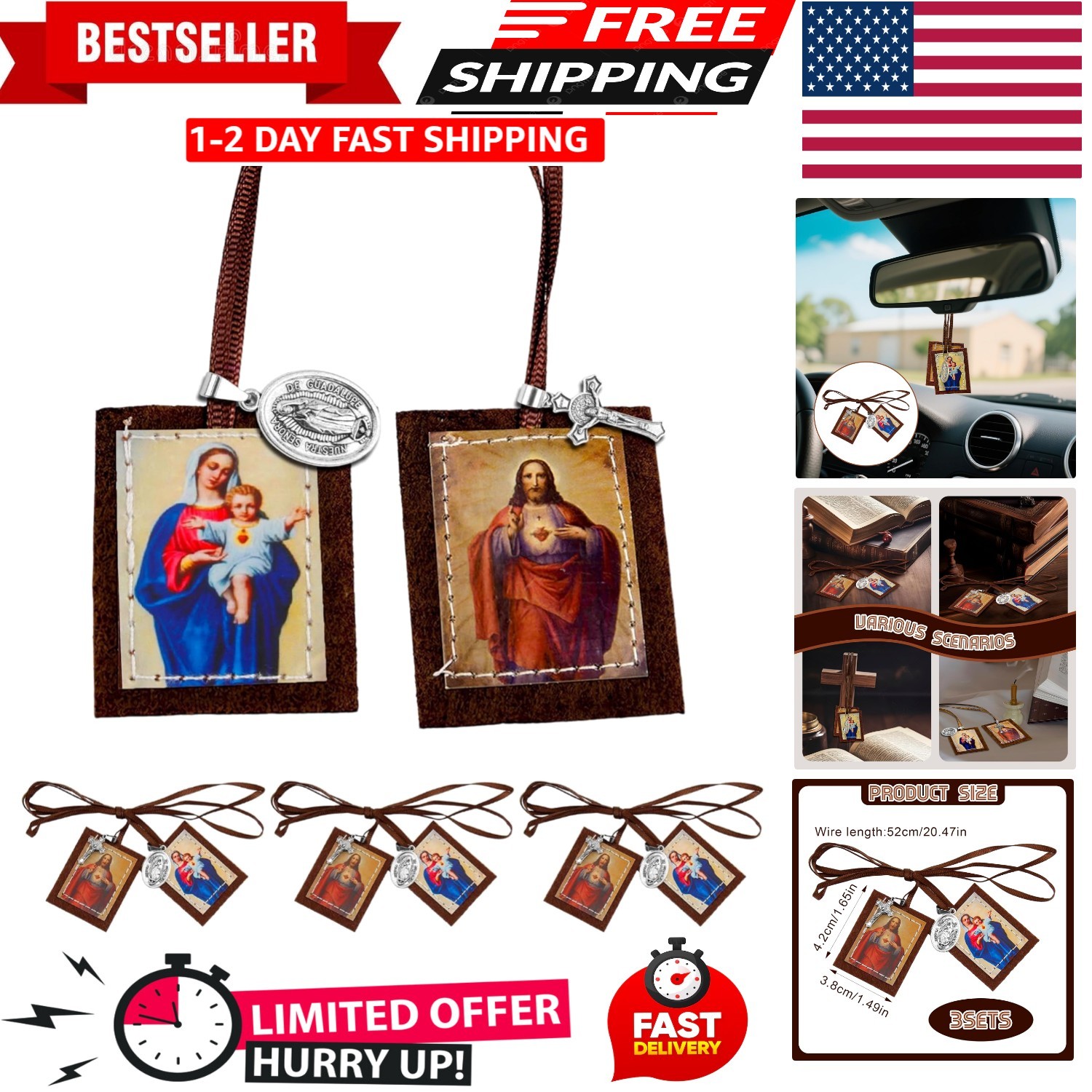 Scapulars Catholic 3 Pack Bulk Brown Scapular of Our Lady of Mount Carmel