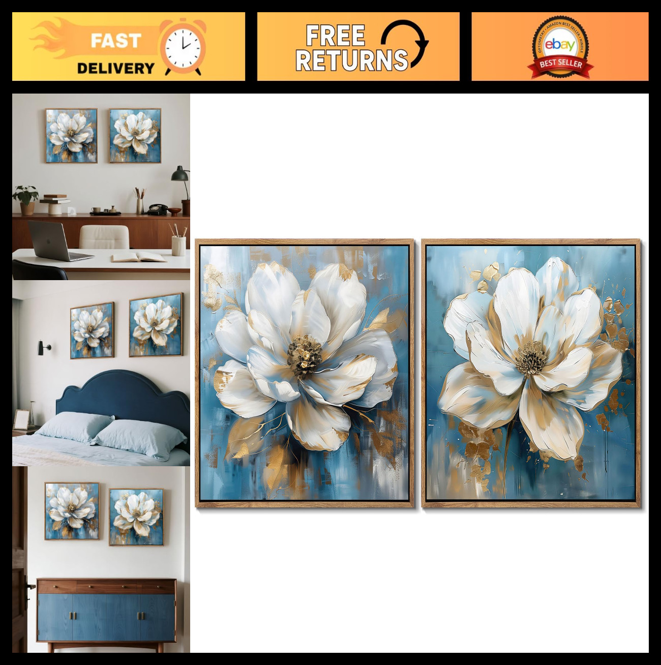 Gardenia Art Framed Floral Canvas Painting Wall Art Teal White Gold Textured Flo
