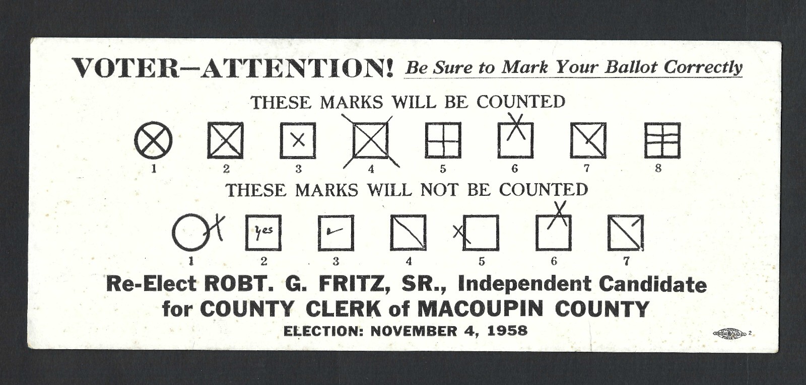 1958 Macoupin County Illinois Ballot Marking Instructions on Ink Blotter - Fritz