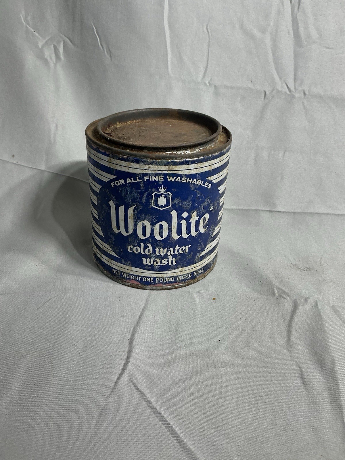 Vintage Woolite Cold Water Wash 1 LB Blue White Metal Laundry Advertising Tin