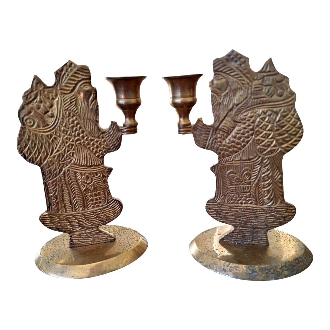 Vintage Pair of Solid Brass Saint Nick Santa Candle Holders with Patina