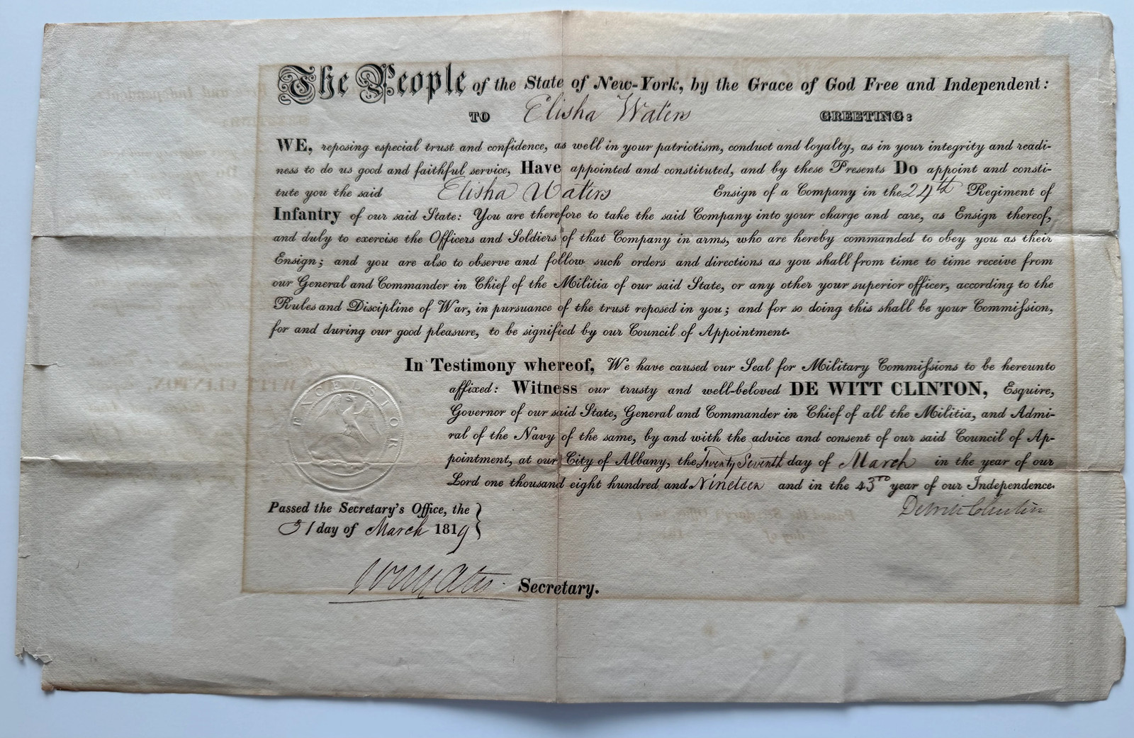1819 New York Militia Commission – Governor DeWitt Clinton – Elisha Waters –