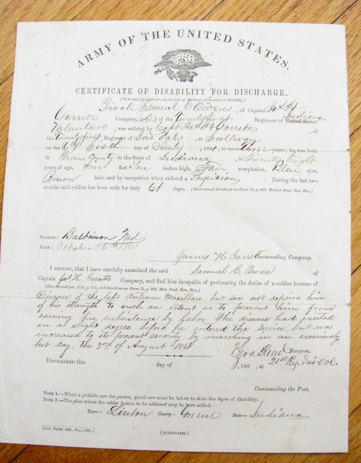 CIVIL WAR 21ST INDIANA JACKASS REGIMENT SOLDIER DISCHARGE BALTIMORE 1861 CIVIL WAR 21ST INDIANA JACKASS REGIMENT SOLDIER DISCHARGE BALTIMORE 1861