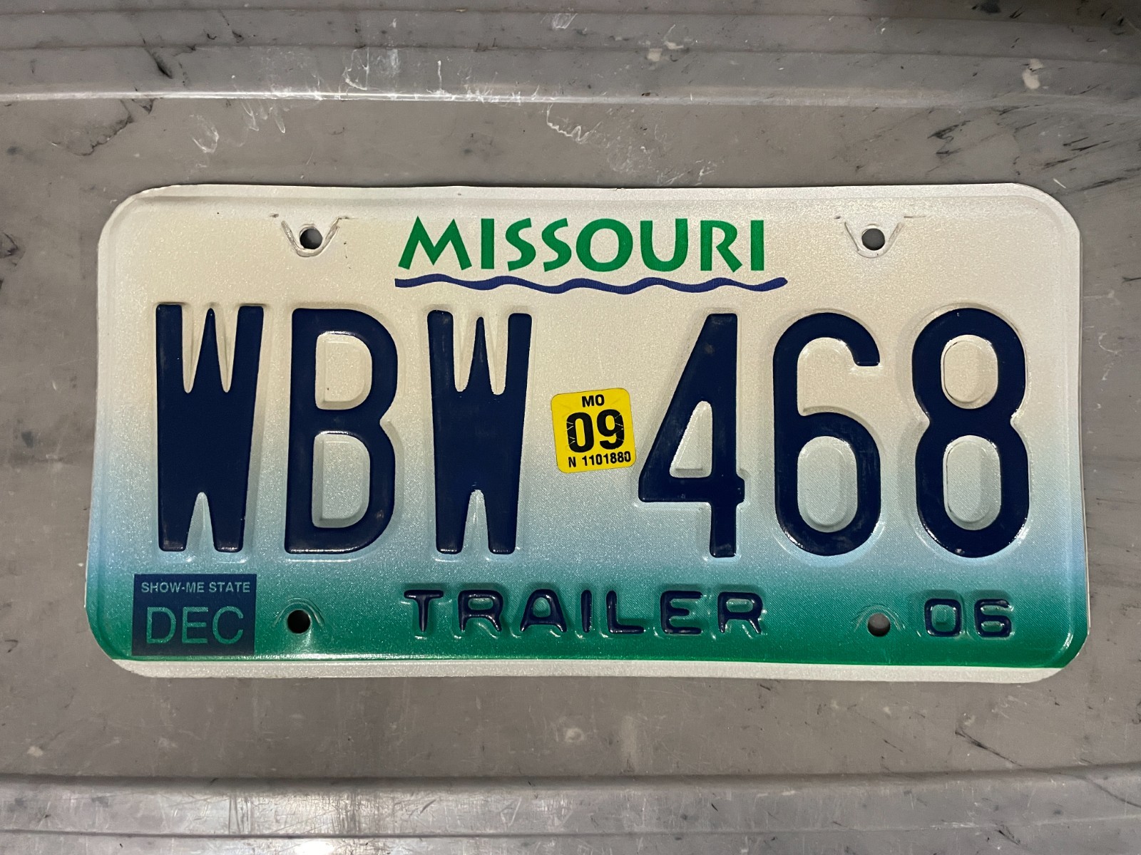 2009 Missouri License Plate 09 Trailer December WBW 468