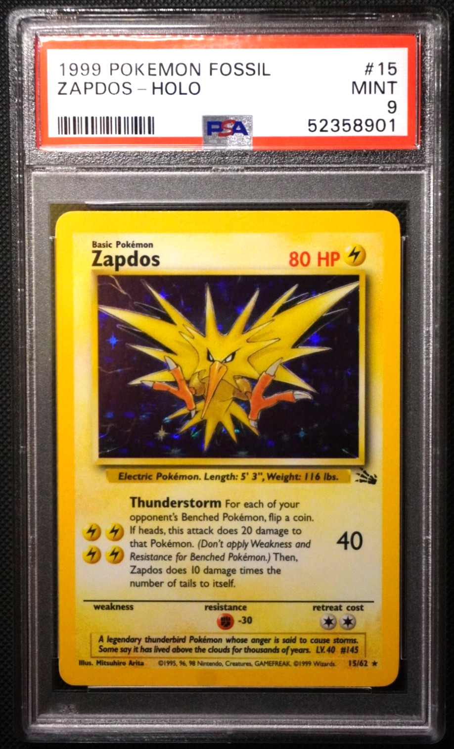 ⚡PSA 9 MINT Zapdos Fossil Graded Vintage Pokemon Card WOTC 15/62
