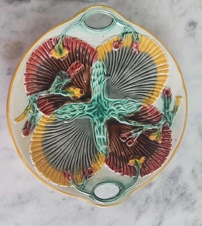 Antique Majolica Sea Shells and Seaweed Handled Platter c.1800\'s Glossy...