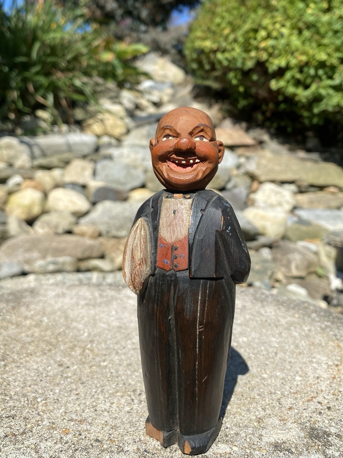 Antique Anri Hand Carved Painted Wood Bottle Corkscrew Man Waiter Full Figure