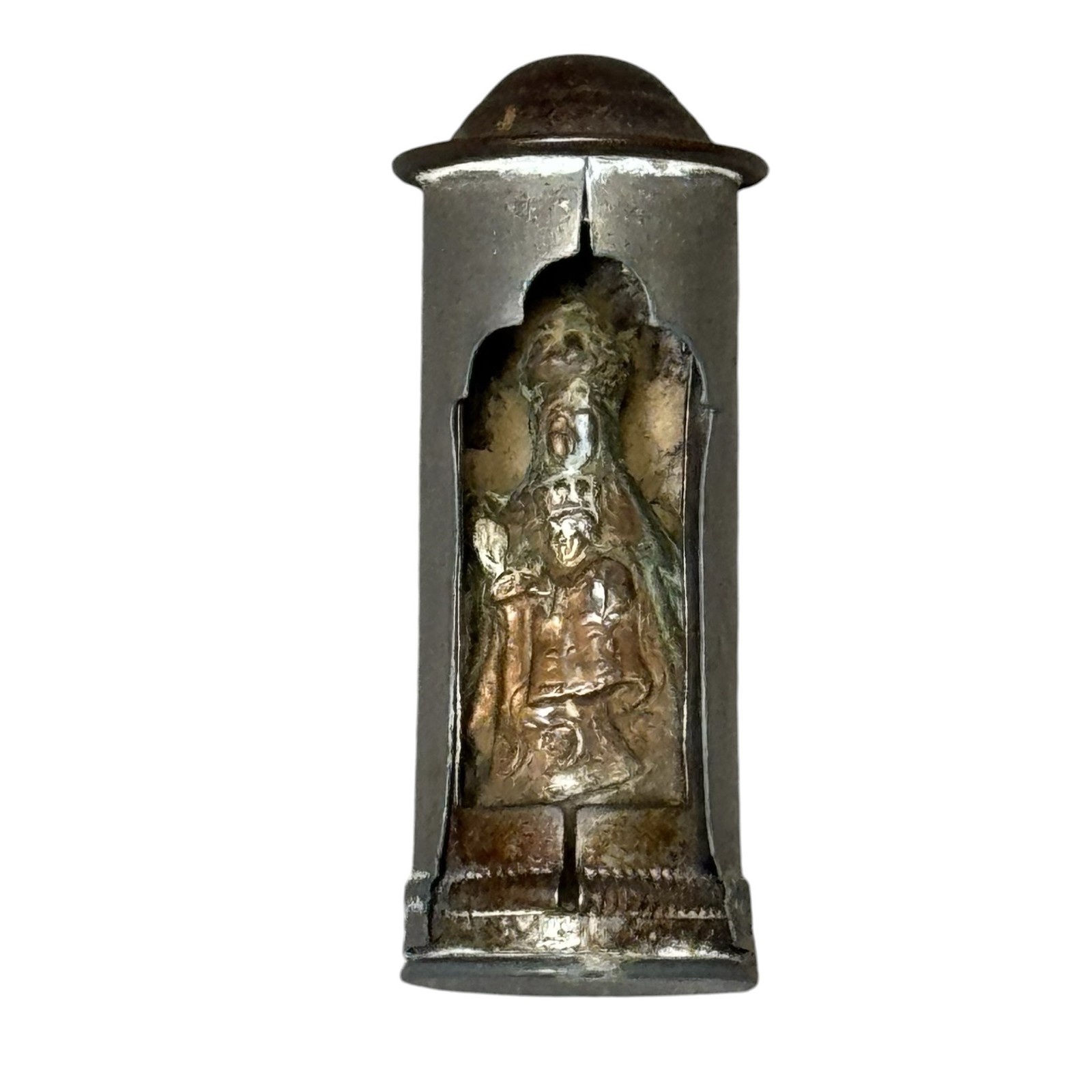 Vintage WWI WWII Trench Art Pocket Shrine St Joseph Infant Jesus Belgium Metal