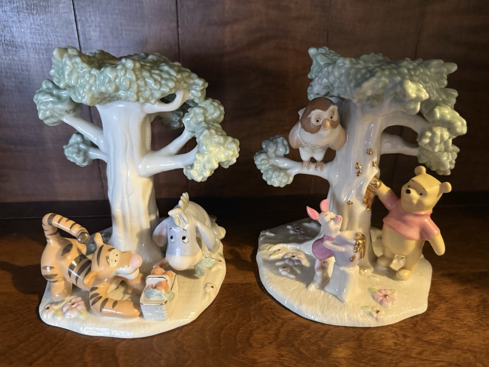 LENOX DISNEY 2004 Pooh\'s Picnic Candlesticks Piglet Eeyore Tigger Porcelain Gold