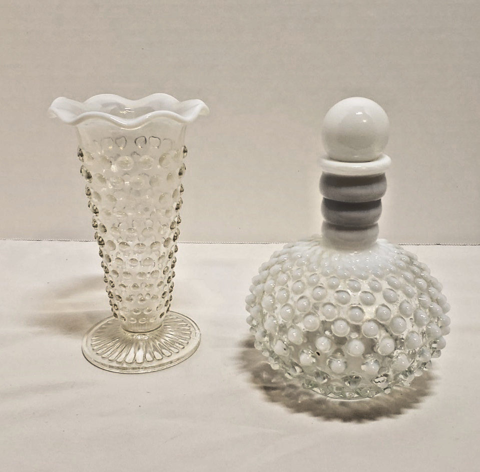 2 -1 Fenton Opalescent Hobnail Moonstone Perfume Bottle w/Stopper & AH Bud Vase 2 -1 Fenton Opalescent Hobnail Moonstone Perfume Bottle w/Stopper & AH Bud Vase