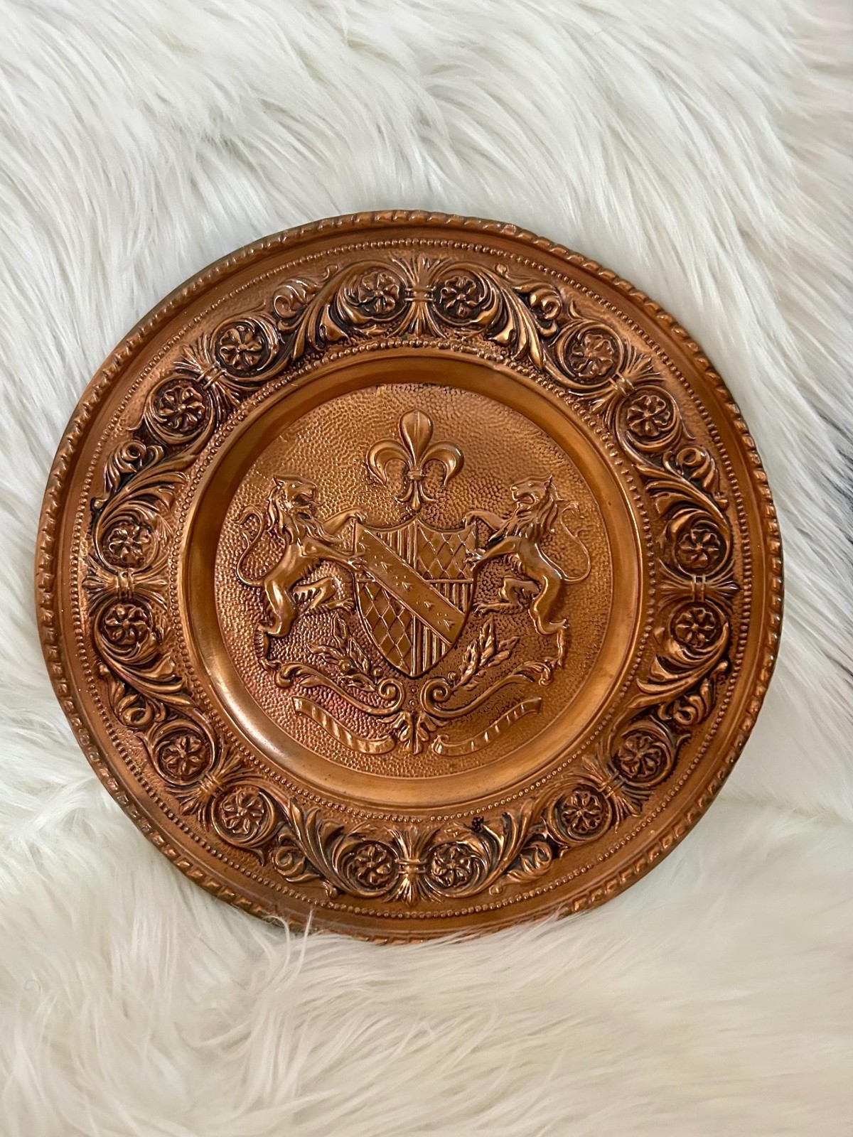 Vintage English Heraldic Wall Charger 12 Inch Embossed Metal Coat of Arms