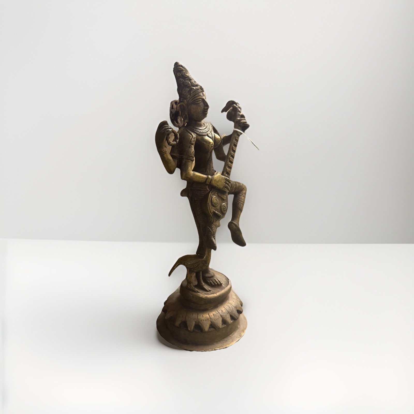 VINTAGE INDIAN BRASS SARASWATI STATUE 13.5\